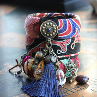 Antique Embroidered Textile Bangle Set with Antique Medals and Crosses, Gemstone Drops,Quartz Point,Silk Tassel & More!