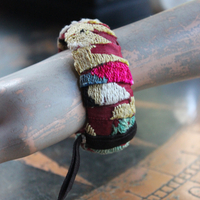 Antique Embroidered Textile Bangle Set with Antique Medals and Crosses, Gemstone Drops,Quartz Point,Silk Tassel & More!