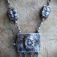 Antique Sacred Heart Kuchi Prayer Box Necklace with Vintage Bar Link and Kuchi Finding Chain