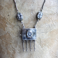 Antique Sacred Heart Kuchi Prayer Box Necklace with Vintage Bar Link and Kuchi Finding Chain