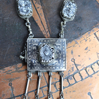 Antique Sacred Heart Kuchi Prayer Box Necklace with Vintage Bar Link and Kuchi Finding Chain