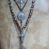 The Chalice 4 Strand Necklace with French Medals and Crosses,Vintage Cabochon Beads,Antique Rosary Chains,Sterling Chains and Sterling Clasp