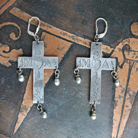 Merciful Mother Earrings with Engraved Silver French Crosses, Tiny Orb Drops and Sterling Leverback Earring Wires