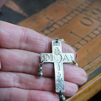 Merciful Mother Earrings with Engraved Silver French Crosses, Tiny Orb Drops and Sterling Leverback Earring Wires