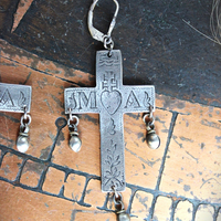 Merciful Mother Earrings with Engraved Silver French Crosses, Tiny Orb Drops and Sterling Leverback Earring Wires