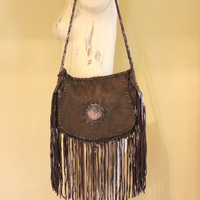 Totem Salvaged Distressed Leather Fringe Bag with Engraved Sterling Medallion and Buffalo Nickel Closure