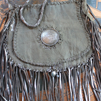 Totem Salvaged Distressed Leather Fringe Bag with Engraved Sterling Medallion and Buffalo Nickel Closure