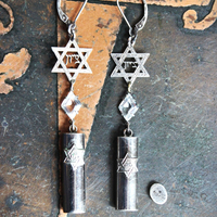 Covenant with God Earrings with Antique Sterling Star of David and Mezuzah Charms. Antique Faceted Rock Crystal Connectors, Sterling Earring Wires