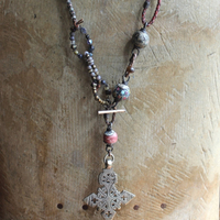 The Divine Lariat Necklace with Amazing Hand Made Beads, Antique Silver Coptic Cross, Sterling Toggle 