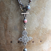 The Divine Lariat Necklace with Amazing Hand Made Beads, Antique Silver Coptic Cross, Sterling Toggle 