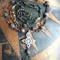 The Divine Lariat Necklace with Amazing Hand Made Beads, Antique Silver Coptic Cross, Sterling Toggle 