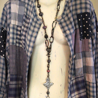 ON HOLD FOR P The Divine Lariat Necklace with Amazing Hand Made Beads, Antique Silver Coptic Cross, Sterling Toggle 