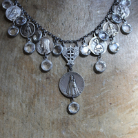 Rare Antique French Our Lady of Myans Necklace with Multiple Antique French Medals,Sterling Cross Connector, Faceted Crystal Drops and Sterling Chain