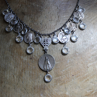 Rare Antique French Our Lady of Myans Necklace with Multiple Antique French Medals,Sterling Cross Connector, Faceted Crystal Drops and Sterling Chain