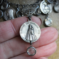 Rare Antique French Our Lady of Myans Necklace with Multiple Antique French Medals,Sterling Cross Connector, Faceted Crystal Drops and Sterling Chain