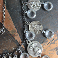 Rare Antique French Our Lady of Myans Necklace with Multiple Antique French Medals,Sterling Cross Connector, Faceted Crystal Drops and Sterling Chain