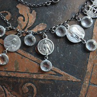 Rare Antique French Our Lady of Myans Necklace with Multiple Antique French Medals,Sterling Cross Connector, Faceted Crystal Drops and Sterling Chain