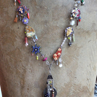 SOLD to J The Color of Thoughts Necklace with Intricate Goddess Pendant, Dozens of Unique Artisan Findings, Drops, and Beads