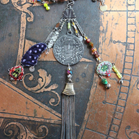 SOLD to J The Color of Thoughts Necklace with Intricate Goddess Pendant, Dozens of Unique Artisan Findings, Drops, and Beads
