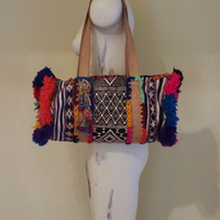Unique En Shalla Leather and Textile Bag with Antique Gypsy Tassels, Crocheted Yarn and Fringe Accents and Amazing Loomed Textiles!
