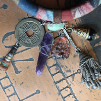 Invite Them In Necklace & Bracelet Set with Antique Hand Painted Thangka,Ghost Quartz Point Pendant,Carved Tourmaline Buddha,Foxtail Chain Tassel,Antique Buddha Medal & Much More!