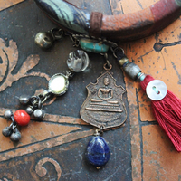 Invite Them In Necklace & Bracelet Set with Antique Hand Painted Thangka,Ghost Quartz Point Pendant,Carved Tourmaline Buddha,Foxtail Chain Tassel,Antique Buddha Medal & Much More!