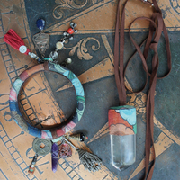 Invite Them In Necklace & Bracelet Set with Antique Hand Painted Thangka,Ghost Quartz Point Pendant,Carved Tourmaline Buddha,Foxtail Chain Tassel,Antique Buddha Medal & Much More!
