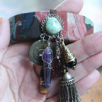 Invite Them In Necklace & Bracelet Set with Antique Hand Painted Thangka,Ghost Quartz Point Pendant,Carved Tourmaline Buddha,Foxtail Chain Tassel,Antique Buddha Medal & Much More!