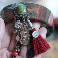 Invite Them In Necklace & Bracelet Set with Antique Hand Painted Thangka,Ghost Quartz Point Pendant,Carved Tourmaline Buddha,Foxtail Chain Tassel,Antique Buddha Medal & Much More!