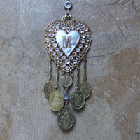 Rare Antique French Ex Voto Rhinestone Locket Necklace with Antique French Medals,Sterling Vermeil Foxtail Chain and 14K Gold Clasp