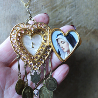 Rare Antique French Ex Voto Rhinestone Locket Necklace with Antique French Medals,Sterling Vermeil Foxtail Chain and 14K Gold Clasp
