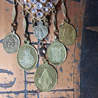Rare Antique French Ex Voto Rhinestone Locket Necklace with Antique French Medals,Sterling Vermeil Foxtail Chain and 14K Gold Clasp