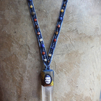 Sold to J The Vision of Enoch Necklace with Clear Quartz Point, Distressed Denim Chain, Handsewn Stones