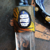 Sold to J The Vision of Enoch Necklace with Clear Quartz Point, Distressed Denim Chain, Handsewn Stones