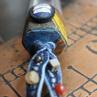 Sold to J The Vision of Enoch Necklace with Clear Quartz Point, Distressed Denim Chain, Handsewn Stones