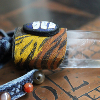 Sold to J The Vision of Enoch Necklace with Clear Quartz Point, Distressed Denim Chain, Handsewn Stones