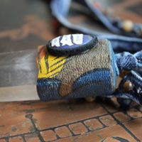 Sold to J The Vision of Enoch Necklace with Clear Quartz Point, Distressed Denim Chain, Handsewn Stones