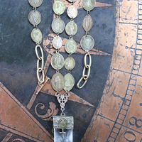 Through You Necklace with Polished Clear Ghost Quartz Pendant, Antique French Vestment Trim, and 22 Antique French Medals