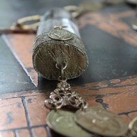 Through You Necklace with Polished Clear Ghost Quartz Pendant, Antique French Vestment Trim, and 22 Antique French Medals