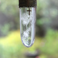 Through You Necklace with Polished Clear Ghost Quartz Pendant, Antique French Vestment Trim, and 22 Antique French Medals