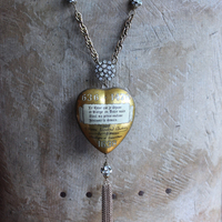 Rare 1938 French Sacred Heart Locket Necklace with 2 Antique Scapulars,Vintage Faceted Rhinestone Connectors and Chain Tassel