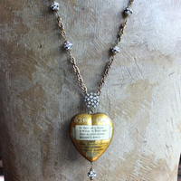 Rare 1938 French Sacred Heart Locket Necklace with 2 Antique Scapulars,Vintage Faceted Rhinestone Connectors and Chain Tassel