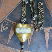 Rare 1938 French Sacred Heart Locket Necklace with 2 Antique Scapulars,Vintage Faceted Rhinestone Connectors and Chain Tassel