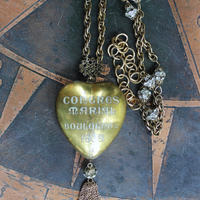 Rare 1938 French Sacred Heart Locket Necklace with 2 Antique Scapulars,Vintage Faceted Rhinestone Connectors and Chain Tassel