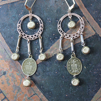 Antique French Marian Medal Earrings with Vintage Findings,Cup and Prong Set Faceted Rhinestones,Leverback Earring Wires
