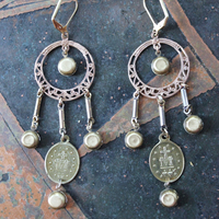 Antique French Marian Medal Earrings with Vintage Findings,Cup and Prong Set Faceted Rhinestones,Leverback Earring Wires