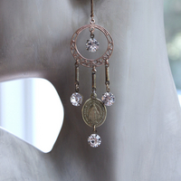 Antique French Marian Medal Earrings with Vintage Findings,Cup and Prong Set Faceted Rhinestones,Leverback Earring Wires