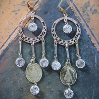 Antique French Marian Medal Earrings with Vintage Findings,Cup and Prong Set Faceted Rhinestones,Leverback Earring Wires