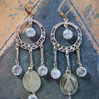 Antique French Marian Medal Earrings with Vintage Findings,Cup and Prong Set Faceted Rhinestones,Leverback Earring Wires