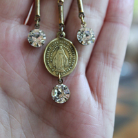 Antique French Marian Medal Earrings with Vintage Findings,Cup and Prong Set Faceted Rhinestones,Leverback Earring Wires